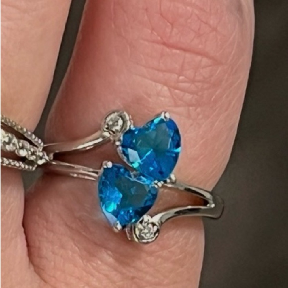 Blue zircon natural diamonds double Heart sterling Silver Ring 6
